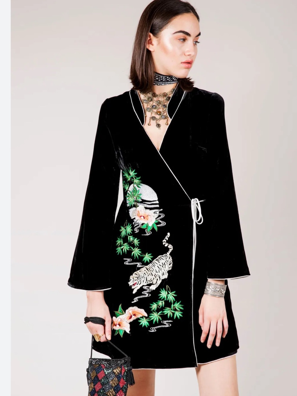 RIXO London black velvet wrap dress/Large